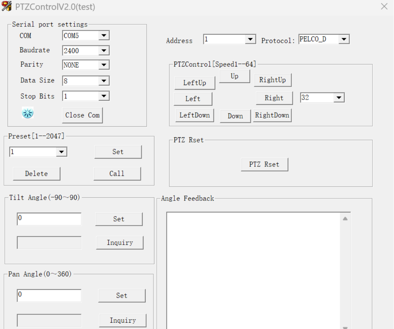 RS485/RS422 Pan Tilt Unit Software de Controle para Windows